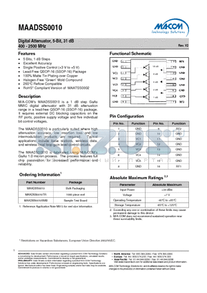 MAADSS0010 datasheet - Digital Attenuator, 5-Bit, 31 dB 400 - 2500 MHz