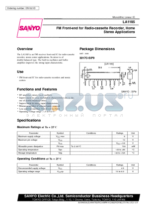 LA1185 datasheet - FM Front-end for Radio-cassette Recorder, Home Stereo Applications