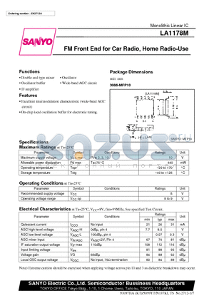 LA1178 datasheet - FM Front End for Car Radio, Home Radio-Use