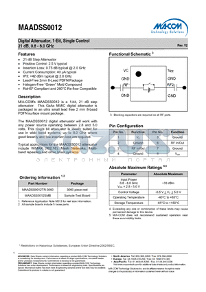 MAADSS0012TR-3000 datasheet - Digital Attenuator, 1-Bit, Single Control 21 dB, 0.8 - 8.0 GHz