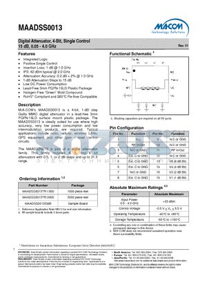 MAADSS0013TR-3000 datasheet - Digital Attenuator, 4-Bit, Single Control 15 dB, 0.05 - 4.0 GHz