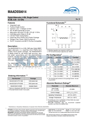 MAADSS0014 datasheet - Digital Attenuator, 4-Bit, Single Control 30 dB, 0.05 - 4.0 GHz