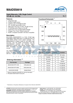 MAADSS0018SMB datasheet - Digital Attenuator, 5-Bit, Single Control 15.5 dB, 2.0 - 6.0 GHz