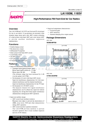 LA1193V datasheet - High-Performance FM Front End for Car Radios