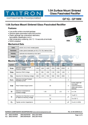 GF1Y datasheet - 1.0A Surface Mount Sintered Glass Passivated Rectifier