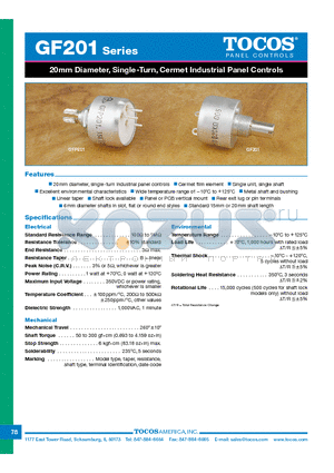 GF20115FB103K datasheet - 20mm Diameter, Single-Turn, Cermet Industrial Panel Controls