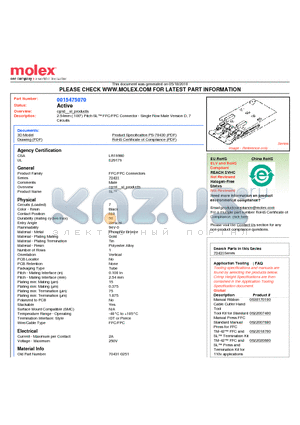 70431-0251 datasheet - 2.54mm (.100) Pitch SL FFC/FPC Connector - Single Row Male Version D, 7 Circuits