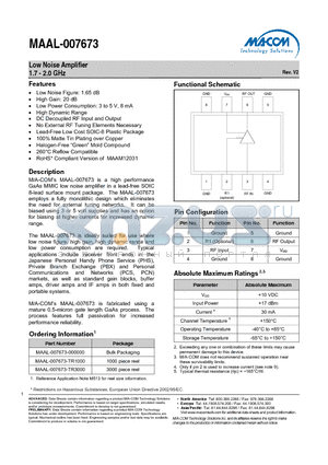 MAAL-007673 datasheet - Low Noise Amplifier 1.7 - 2.0 GHz