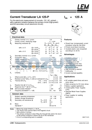 LA125-P datasheet - Current Transducer LA 125-P