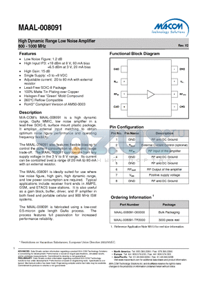 MAAL-008091-TR3000 datasheet - High Dynamic Range Low Noise Amplifier 800 - 1000 MHz