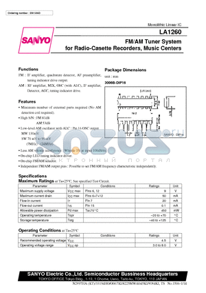 LA1260 datasheet - FM/AM Tuner System for Radio-Casette Recorders, Music Centers