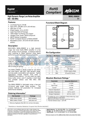 MAAL-008624 datasheet - High Dynamic Range Low Noise Amplifier 400-500 MHz