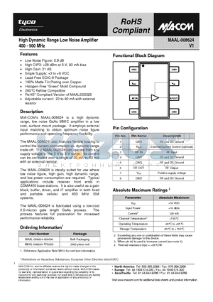 MAAL-008624-000000 datasheet - High Dynamic Range Low Noise Amplifier 400-500 MHz
