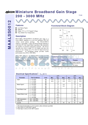 MAALSS0012 datasheet - Miniature Broadband Gain Stage 200 - 3000 MHz