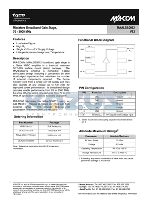 MAALSS0012 datasheet - Miniature Broadband Gain Stage, 70 - 3000 MHz