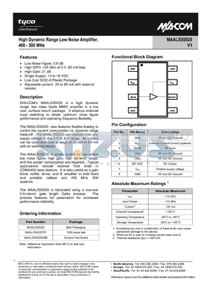 MAALSS0025TR datasheet - High Dynamic Range Low Noise Amplifier, 400 - 500 MHz