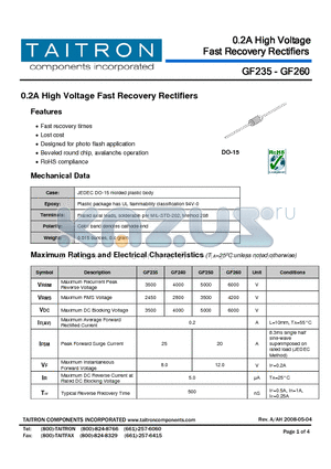 GF235 datasheet - 0.2A High Voltage Fast Recovery Rectifiers