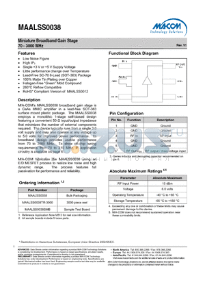 MAALSS0038 datasheet - Miniature Broadband Gain Stage 70 - 3000 MHz