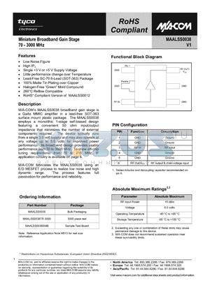 MAALSS0038TR-3000 datasheet - Miniature Broadband Gain Stage 70 - 3000 MHz