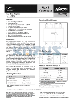 MAALSS0044SMB datasheet - Low Noise Amplifier 1.5 - 1.6 GHz