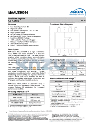 MAALSS0044TR-3000 datasheet - Low Noise Amplifier 1.5 - 1.6 GHz