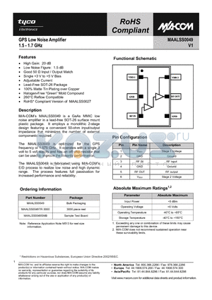 MAALSS0049SMB datasheet - GPS Low Noise Amplifier 1.5 - 1.7 GHz