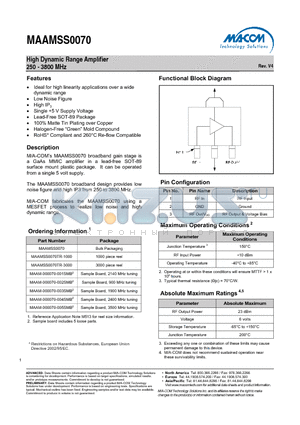 MAAM-000070-002SMB datasheet - High Dynamic Range Amplifier 250 - 3800 MHz