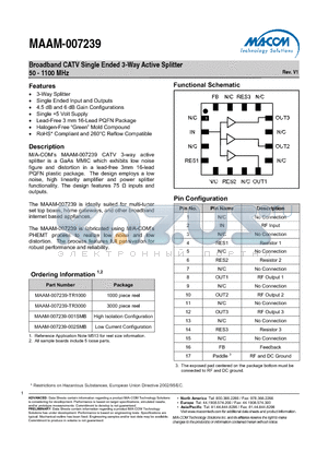 MAAM-007239-TR1000 datasheet - Broadband CATV Single Ended 3-Way Active Splitter 50 - 1100 MHz