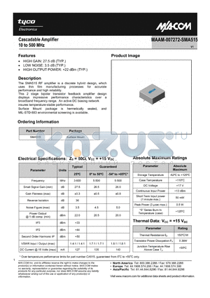 MAAM-007272-SMA515 datasheet - Cascadable Amplifier 10 to 500 MHz