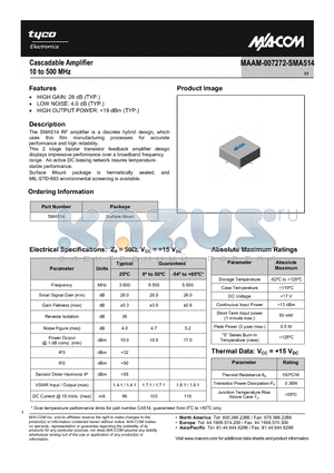 MAAM-007272-SMA514 datasheet - Cascadable Amplifier 10 to 500 MHz