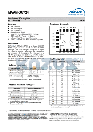 MAAM-007724-TR1000 datasheet - Low Noise CATV Amplifier 50 - 1005 MHz