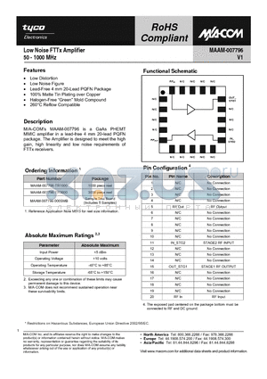 MAAM-007796-TR1000 datasheet - Low Noise FTTx Amplifier 50 - 1000 MHz