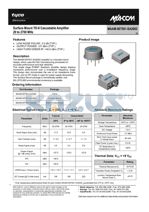 MAAM-007501-SA2002 datasheet - Surface Mount TO-8 Cascadable Amplifier