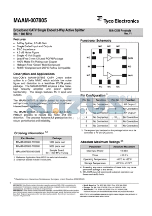 MAAM-007805-TR1000 datasheet - Broadband CATV Single Ended 2-Way Active Splitter 50 - 1100 MHz