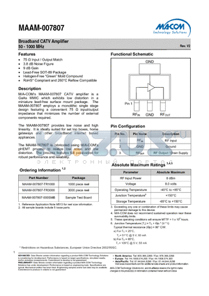 MAAM-007807-TR3000 datasheet - Broadband CATV Amplifier 50 - 1000 MHz