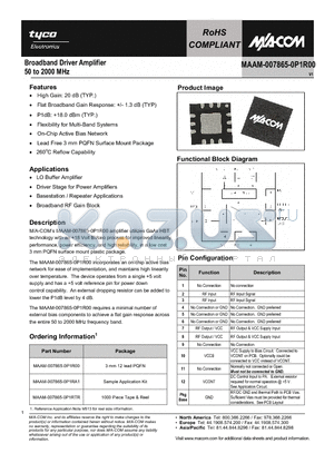 MAAM-007865-0P1R00 datasheet - Broadband Driver Amplifier 50 to 2000 MHz