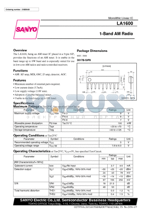 LA1600 datasheet - 1-Band AM Radio