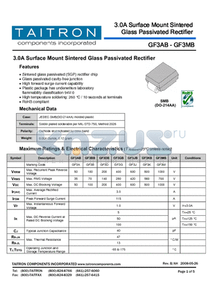 GF3GB datasheet - 3.0A Surface Mount Sintered Glass Passivated Rectifier