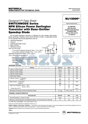 MJ10009 datasheet - 20 AMPERE NPN SILICON POWER DARLINGTON TRANSISTORS 450 and 500 VOLTS 175 WATTS