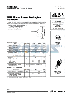 MJ10012 datasheet - 10 AMPERE POWER TRANSISTORS DARLINGTON NPN SILICON 400 VOLTS 175 AND 118 WATTS