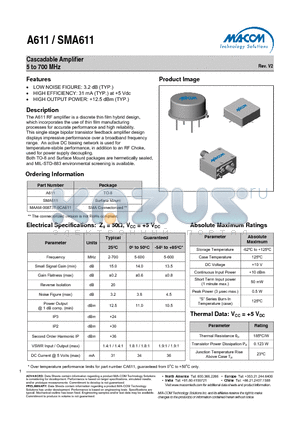 MAAM-008737-0CA611 datasheet - Cascadable Amplifier 5 to 700 MHz