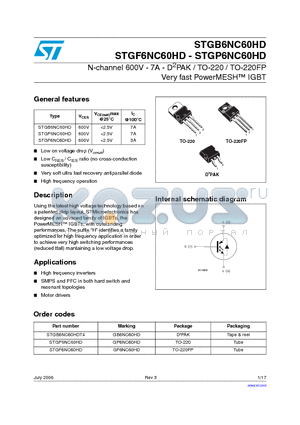 GF6NC60HD datasheet - N-channel 600V - 7A - D2PAK / TO-220 / TO-220FP Very fast PowerMESH TM IGBT