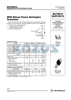 MJ10012 datasheet - POWER TRANSISTORS DARLINGTON NPN SILICON