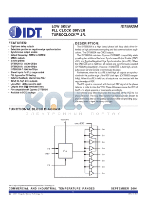 IDT59920A datasheet - LOW SKEW PLL CLOCK DRIVER TURBOCLOCK  JR.