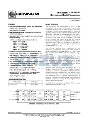 GF9105A datasheet - MultiGENTM GF9105A Component Digital Transcoder