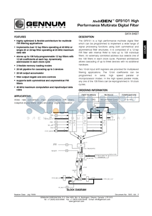 GF9101 datasheet - High Performance Multirate Digital Filter