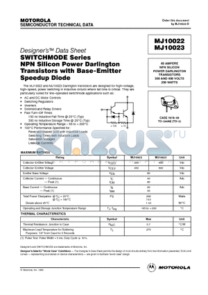 MJ10022 datasheet - 40 AMPERE NPN SILICON POWER DARLINGTON TRANSISTORS 350 AND 400 VOLTS 250 WATTS