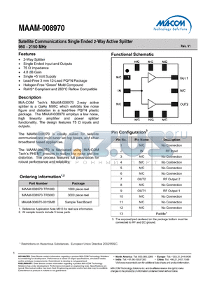 MAAM-008970 datasheet - Satellite Communications Single Ended 2-Way Active Splitter 950 - 2150 MHz