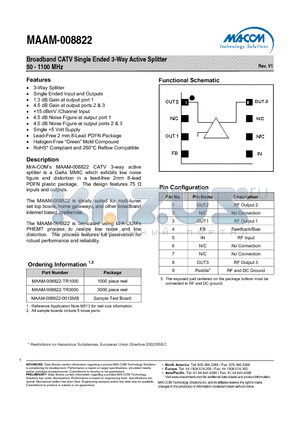 MAAM-008822-TR1000 datasheet - Broadband CATV Single Ended 3-Way Active Splitter 50 - 1100 MHz