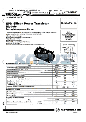 MJ100BX100 datasheet - NPN SILICON POWER TRANSISTOR MODULE ENERGY MANAGEMENT SERIES